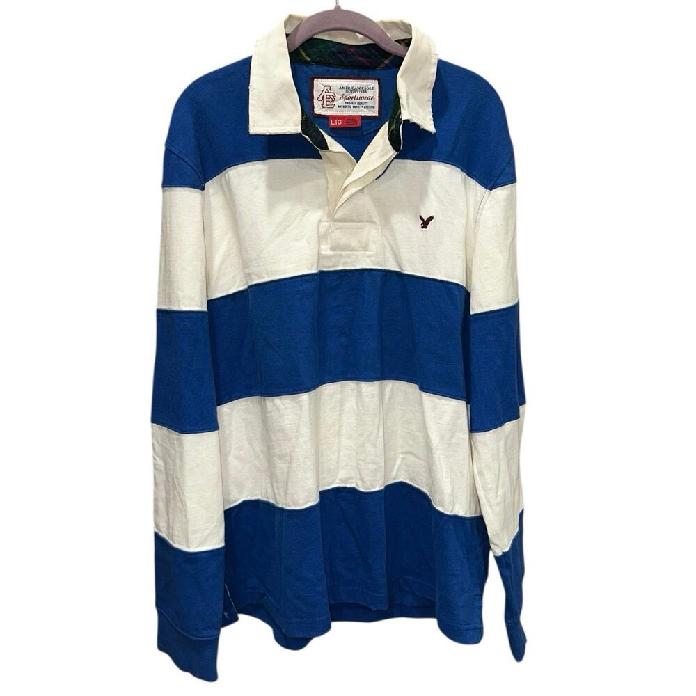 American Eagle Rugby Shirt Large Blue White‎ Striped Long Sleeve Polo Preppy